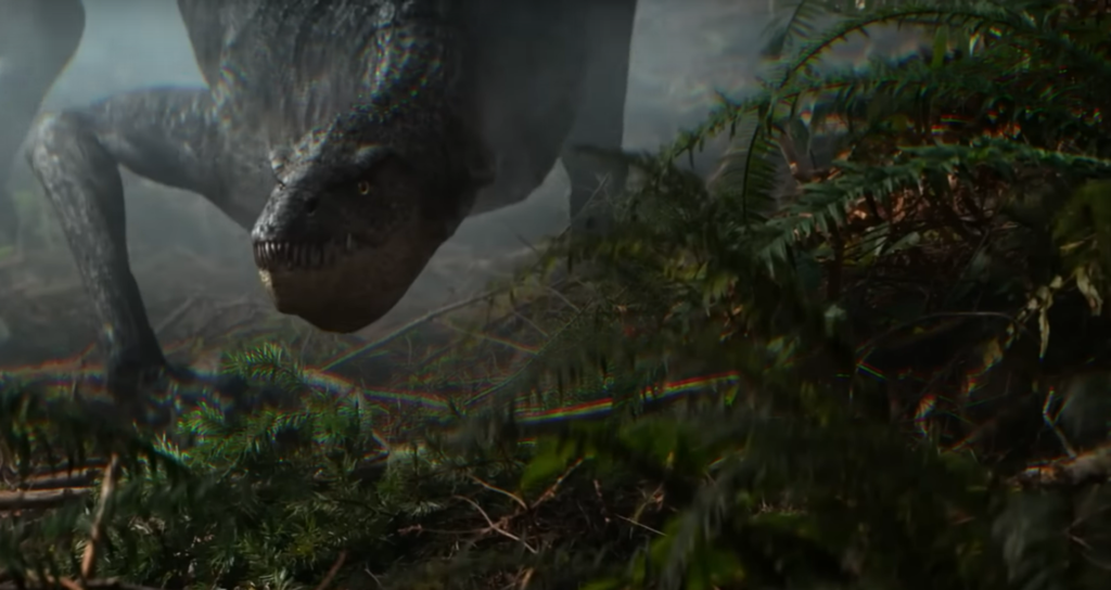 A dinosaur with an underbite creeps through the brush.